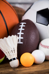 Sport equipment and balls, stadium background
