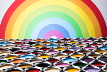 Full Buckets of rainbow colored oil paint