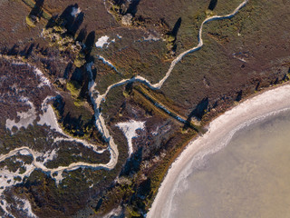 Aerial shot of Esperence wet lands and salt lake in nature reserve