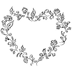 Hand drawn vector wreath in form of heart. Floral circle frame design elements for invitations, greeting cards, posters, blogs. Delicate set of flowers, branches and leaves.