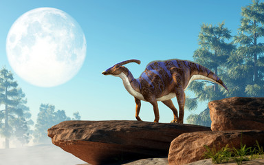 A parasaurolophus, a type of herbivorous ornithopod dinosaur of the hadrosaur family stands on a rock under a full moon that is out in the sky on a cretaceous era afternoon. 3D Rendering. 