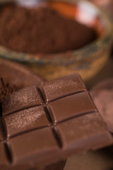 Dark homemade chocolate bars and cocoa