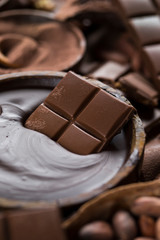 Dark homemade chocolate bars and cocoa