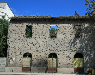 Damaged and ruined building after Bosnian War, Mostar, Bosnia and Herzegovina