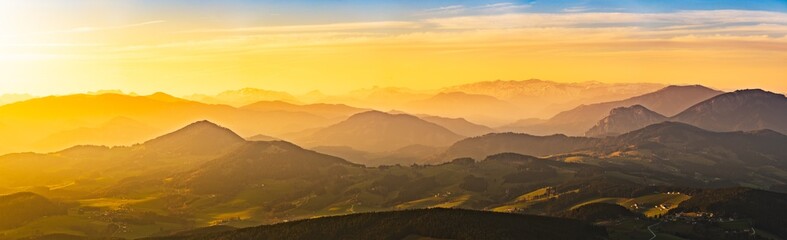 Landscape view during sunset in spring from Graz Schockl mountain in Styria Austria. Tourist destination