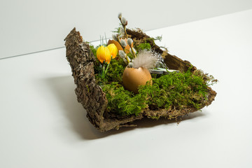 Osterdekoration Baumrinde und Eierschalen