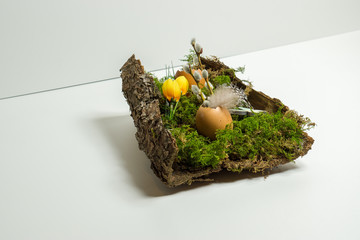 Osterdekoration Baumrinde und Eierschalen