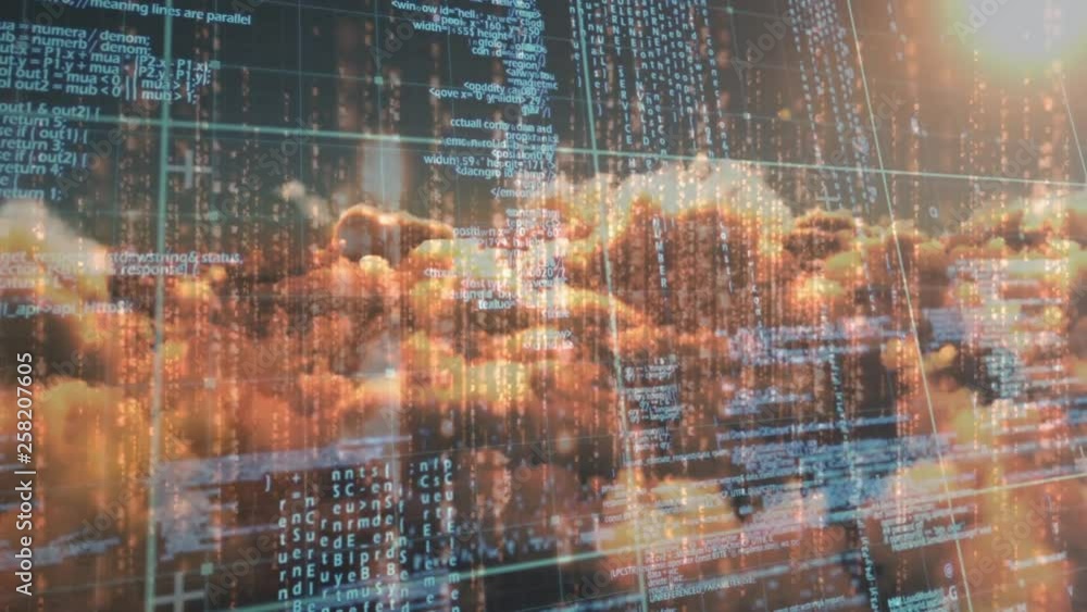 Poster data moving downwards on the interface with lights effects and clouds on the background