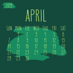 April year 2019 paint stroke monthly calendar