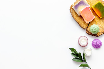 homemade spa with woman cosmetics on white background top view copyspace