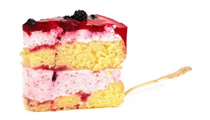 .Slice of blackberry pie with spoon isolated on white