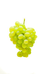 Bottle of wine with glass and grape on black background.