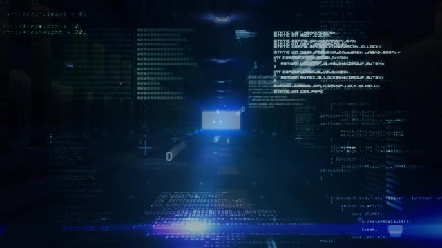 Binary digital interface moving towards camera against dark background