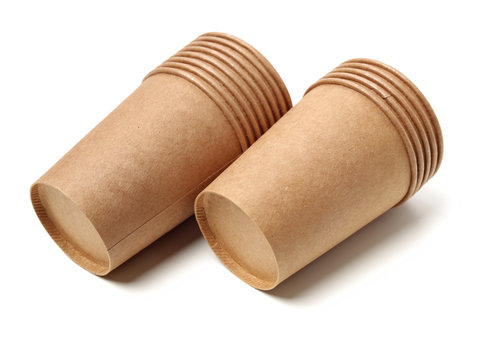  brown paper parchment coffee cups on white background