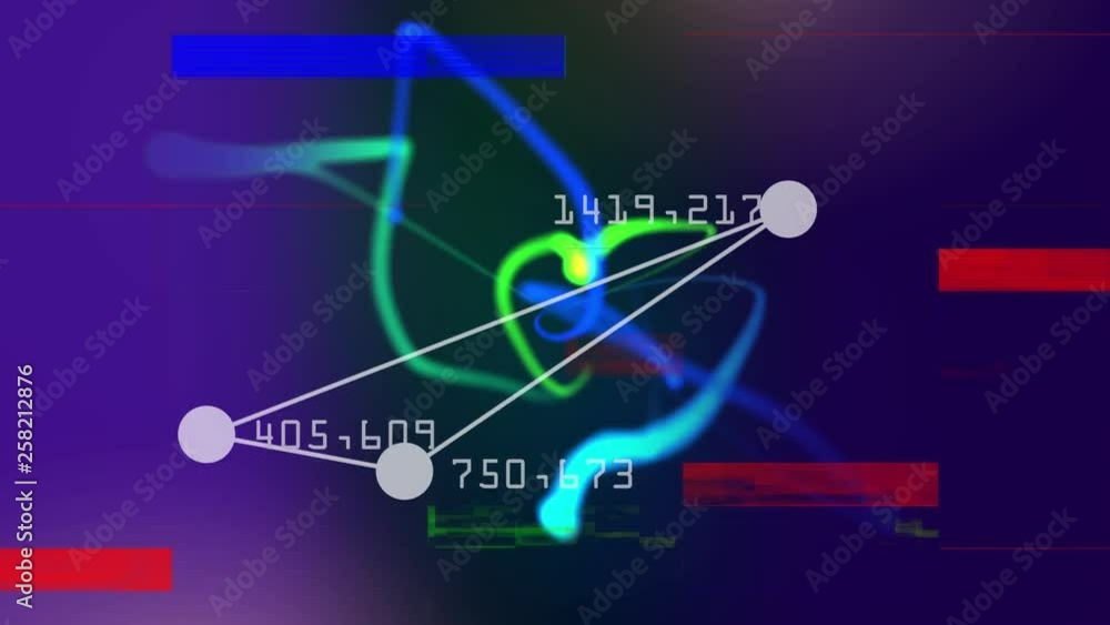 Aufkleber connected ball forming triangle with number on angle. while colorful laser and sizzled strips moving
