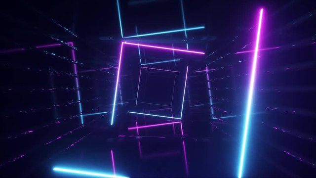 Abstract flying in futuristic corridor, seamless loop 4k background, fluorescent ultraviolet light, mirror lines laser neon lines, geometric endless tunnel, blue pink spectrum, 3d render