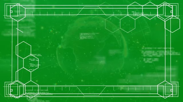 Lots of hexagons drawing beehive while framed is formed. It\'s a green background with  ball on cent