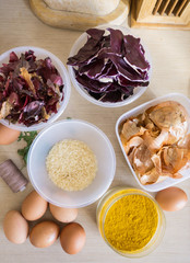 Ingredients for organic egg painting before Easter