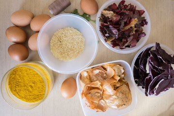 Ingredients for organic egg painting before Easter