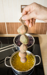 Ingredients for organic egg painting before Easter