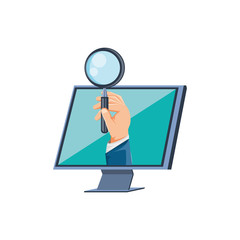 hand with magnifying glass and desktop computer