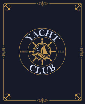 yacht club label isolated on dark background in decorative frame
