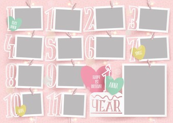 Template for photo collage.Baby girl first yaer. Garland from photos. Frames for clipping masks are in the vector file. Template for a photo album