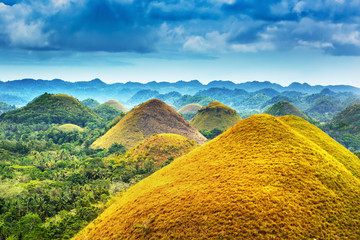 Scenic view on amazingly shaped Chocolate hills in Bohol island, Philippines