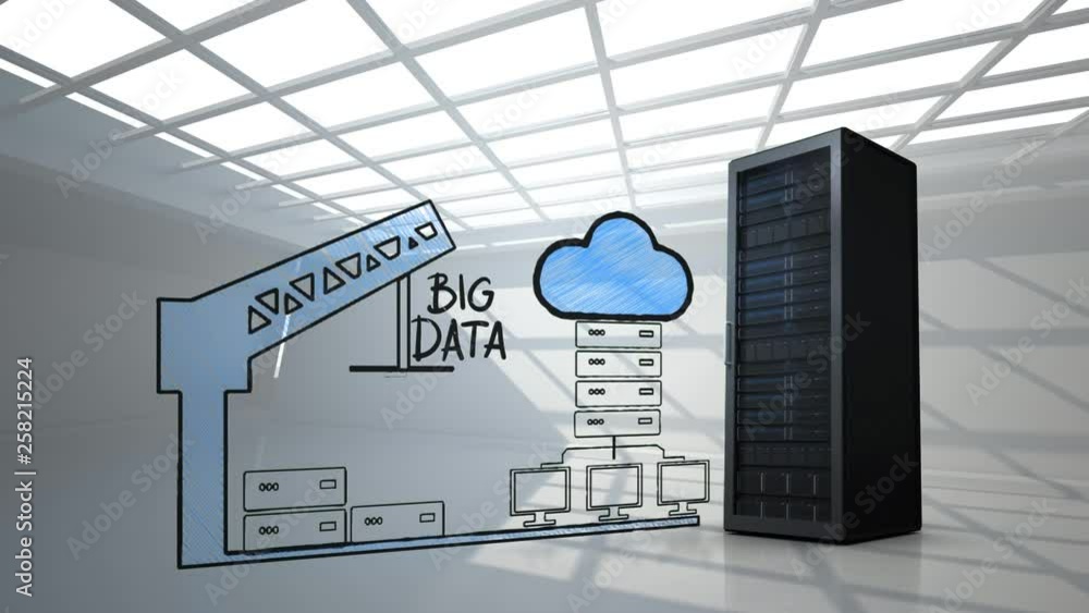 Poster real data server against draw of data server, crane and cloud