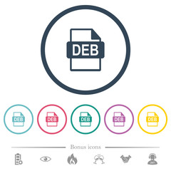 DEB file format flat color icons in round outlines