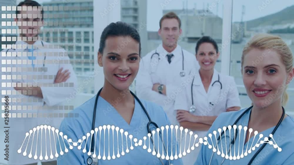 Poster team of doctors surrounded by an animation of dna helix and grid pattern