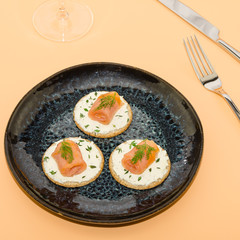 Canapes with smoked salmon. Canapes with cheese, dill and salmon 