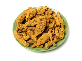 Collections of Turmeric root on white background