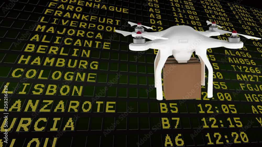 Poster front view of a drone holding a package box while he is flying