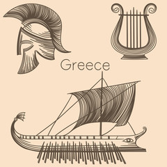 Illustration with symbols of Greece.Spartan helmet,  national lira and greek boat.