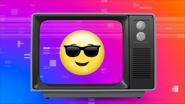 Old TV post showing a yellow emoji with glasses against a multi color background with TV sizzling