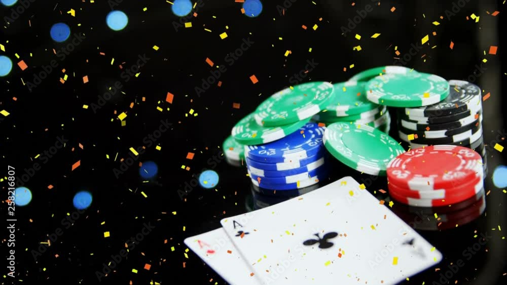 Poster digital composite of tokens and cards falling on the floor with confetti and bubble animation