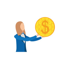 businesswoman with puzzle pieces in shape coin