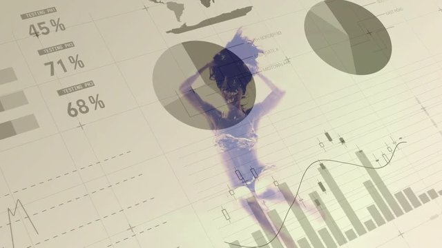 Lots of papers with graps, curves, diagram, information while woman swimming appears 
