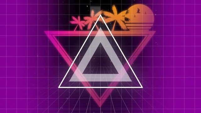 Triangle appears explosing while another triangle is behind with palm and beatch sunset