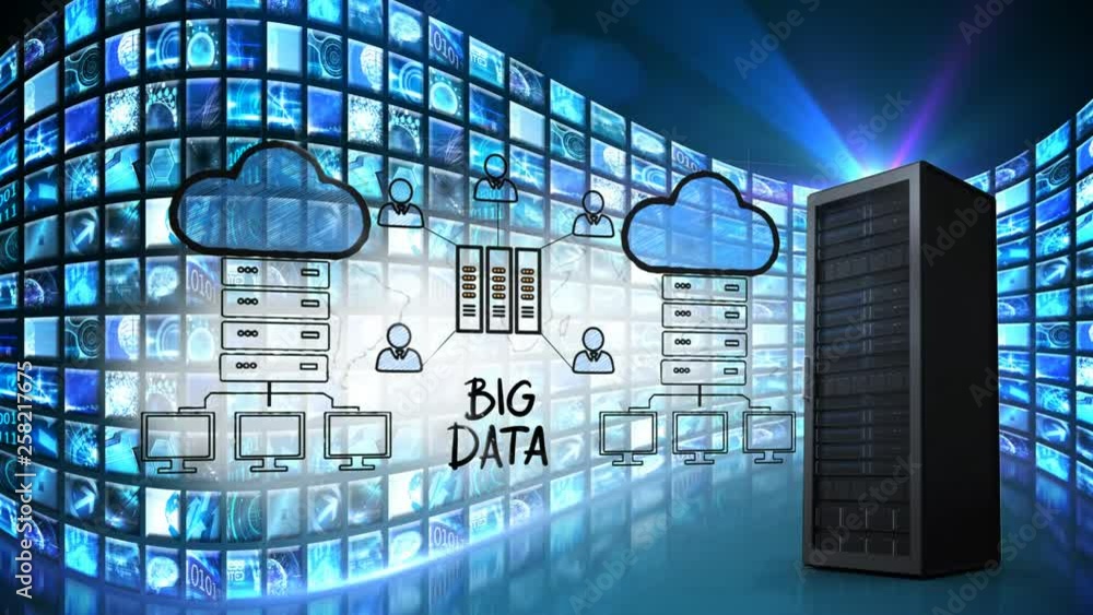 Poster Real data server against drawing of data server surrounded by clouds