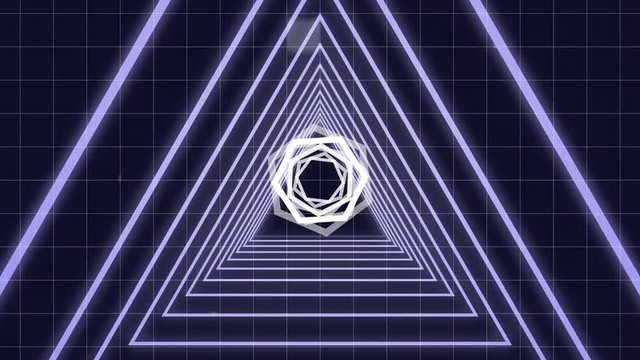 Luminous hexagon turning on corridor of luminous triangle with virtual sizzle square falling on back