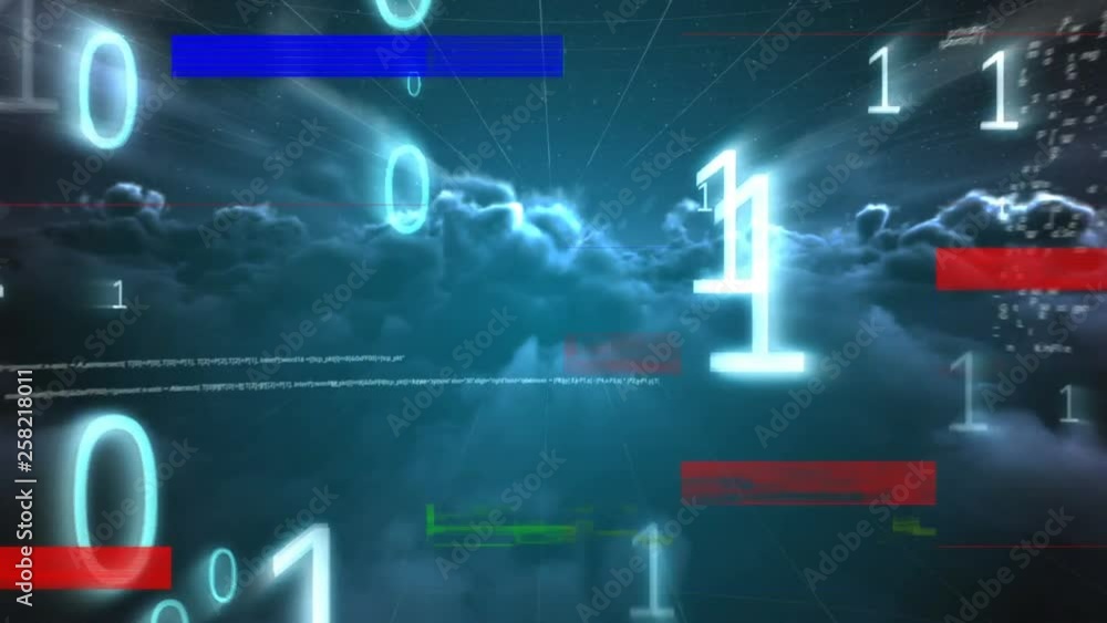 Poster dark cloud with binary number, strips sizzling and data code on foreground