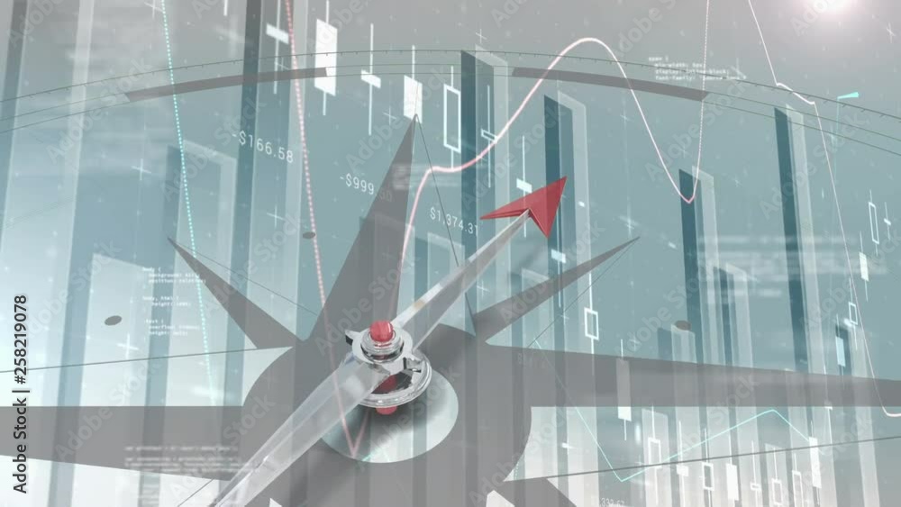 Poster Animation of a compass with a red arrow against graph curves in background
