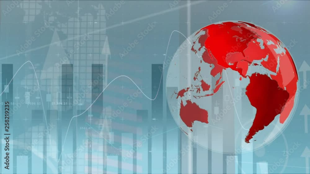Poster transparent globe turning around itself while bar chart and arrows moving on background