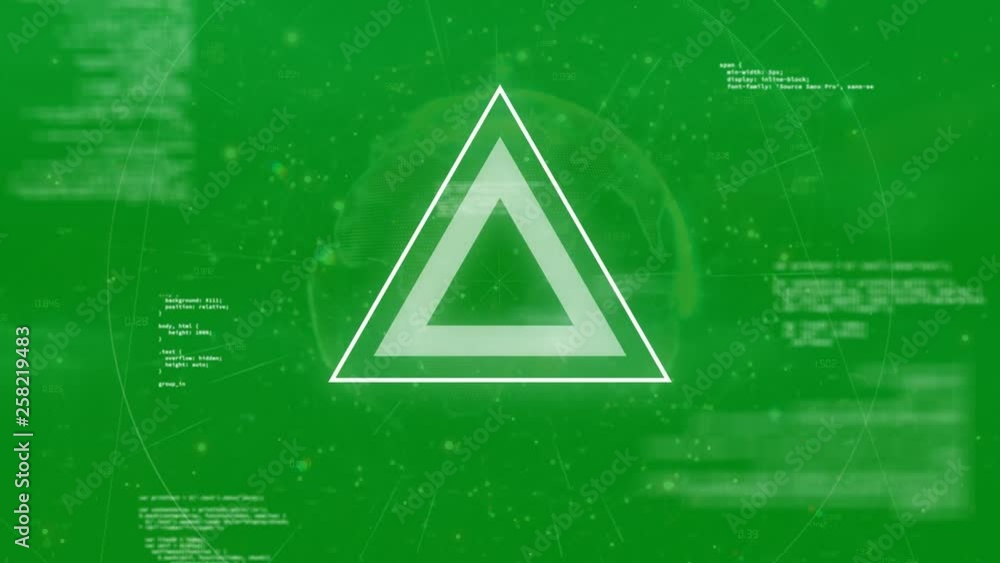 Poster triangle explosing on circle with rays. green background with ball and small text