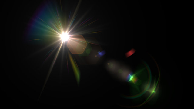 Lens flare glow light effect on black background. Easy to add overlay or screen filter over photos
