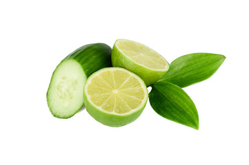 Fresh cucumber and lime isolated on white background