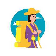 traveler woman with travel bag and sky