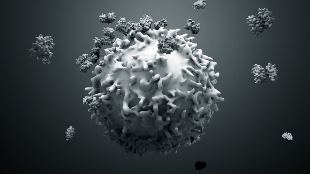 3d illustration proteins with lymphocytes , t cells or cancer cells